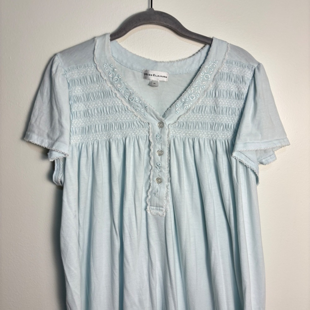 Miss Elaine XL Blue Cotton Blend Nightgown Cottagecore Victorian Prairie Smocked - Picture 5 of 11